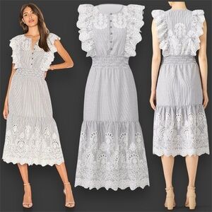 Saylor Striped Gray White Floral Embroidered Midi Dress Romantic Cottage Eyelet